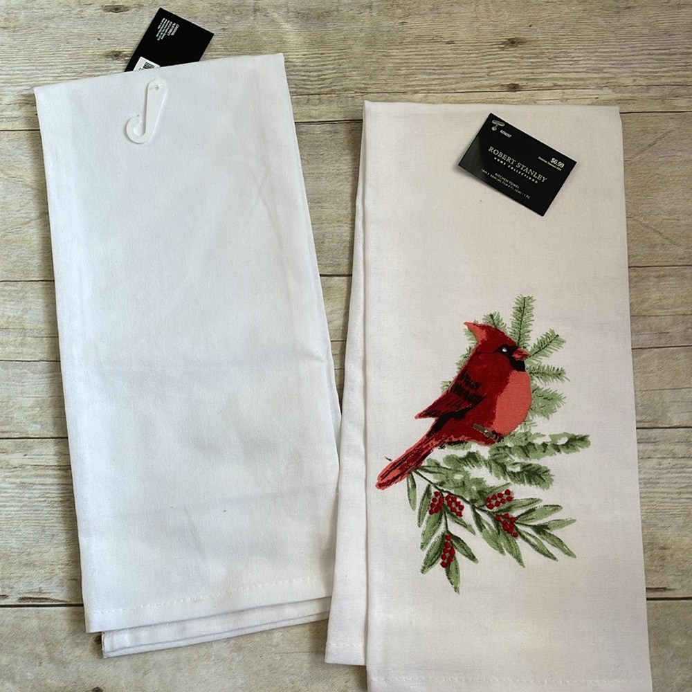 Cardinal Bird Embroidered Cotton Kitchen Towels Set of Two - Picture 4 of 6